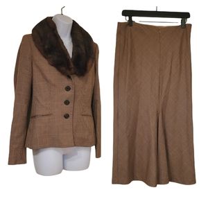 Vintage Lauren Ralph Lauren wool faux fur trim suit herringbone brown midi skirt